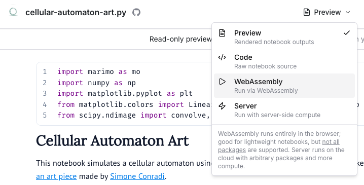 Screenshot of the molab Preview dropdown with options for Preview, Code, WebAssembly, and Server